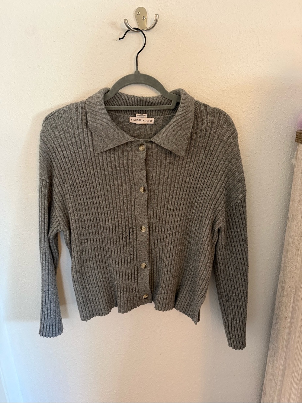 Sincerly Jules Gray Ribbed Button-Up Cardigan